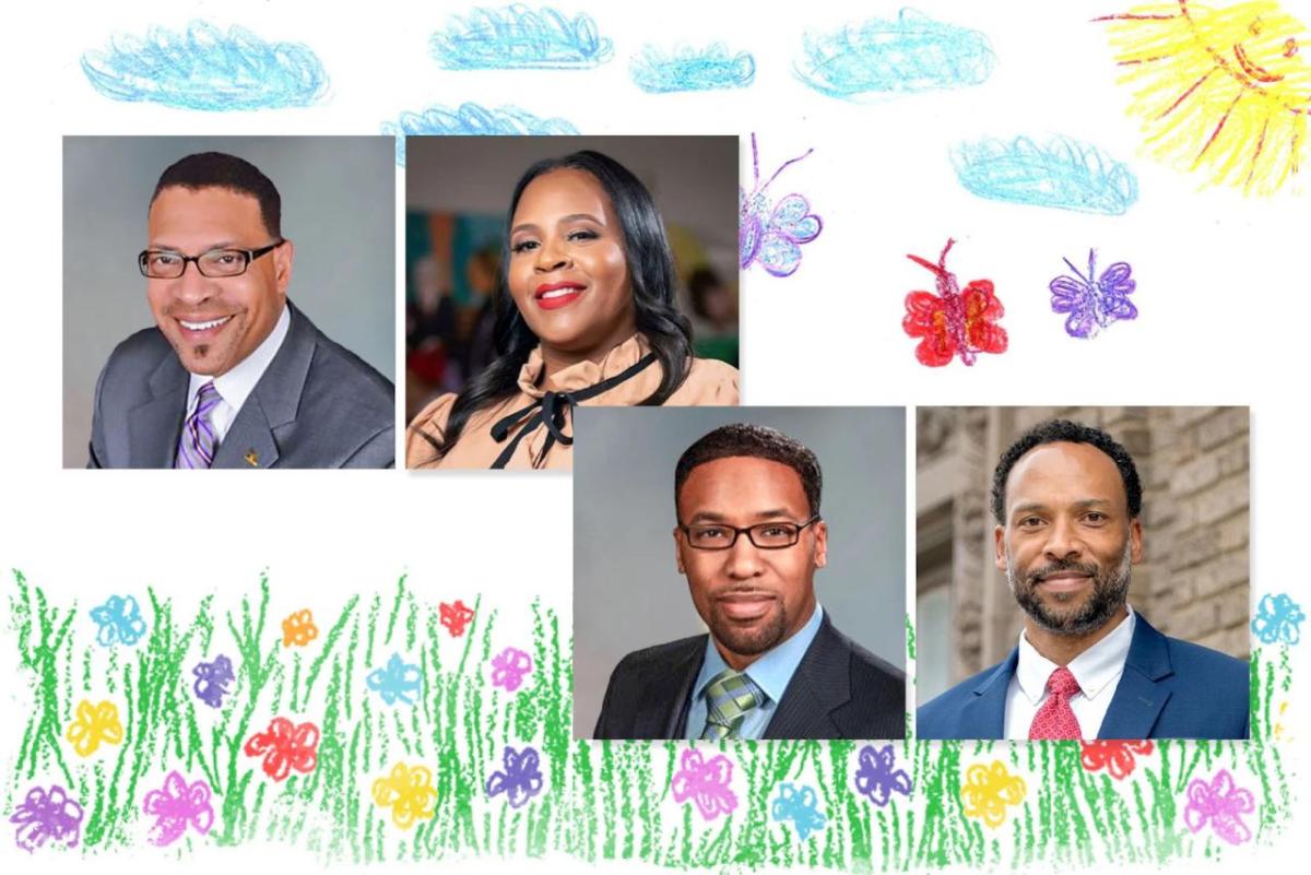 collage of 4 portraits on a background featuring a children's drawing of a meadow in bloom with butterflies