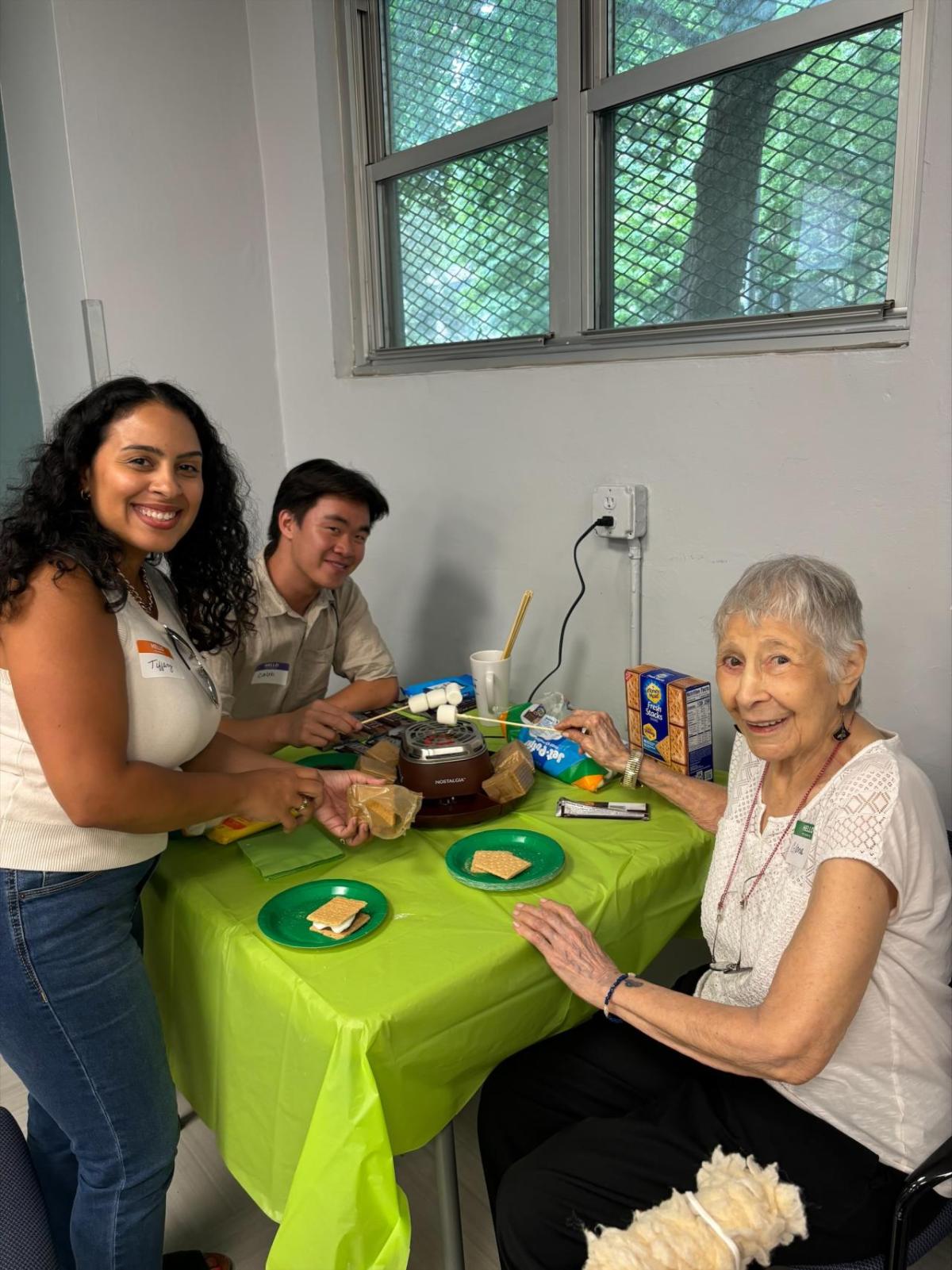 Volunteers sitting a bright green table with an elderly woman