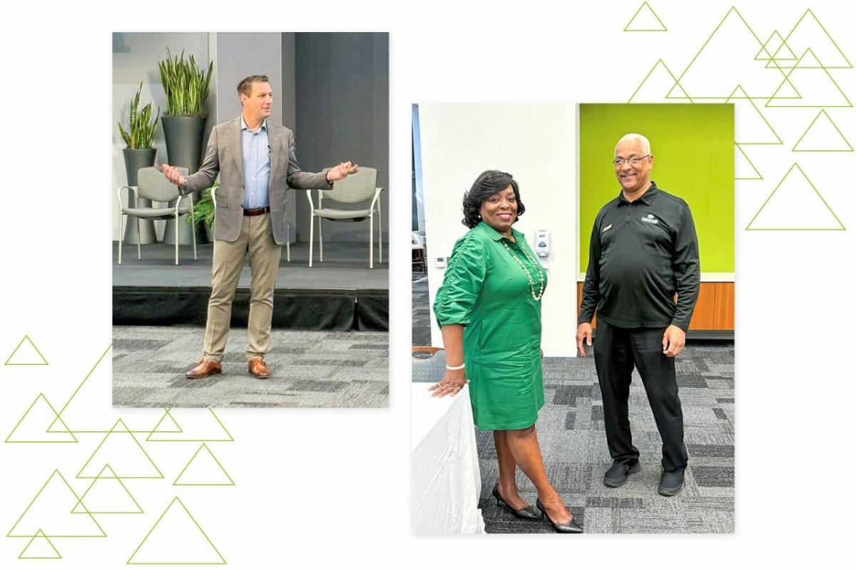 On the left a standing person speaking at the front of a room. On the right two people posed, standing in an office setting.