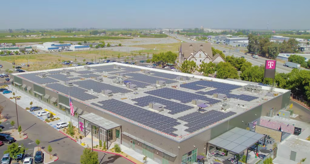 T-Mobile building with many solar panels on the roof