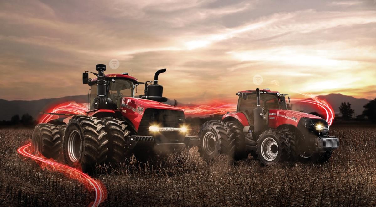 red tractors at dawn with swirls of red cgi electricity 