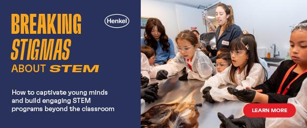 "Breaking Stigmas about STEM" Henkel logo and children dressed in lab protective gear surrounding a table