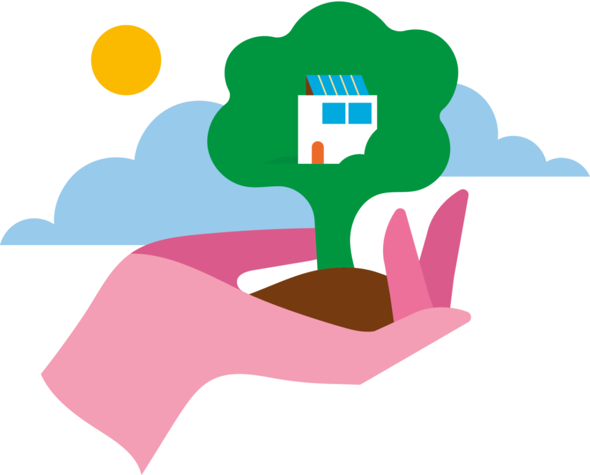 Abstract drawing of a hand holding a tree with a house in it.