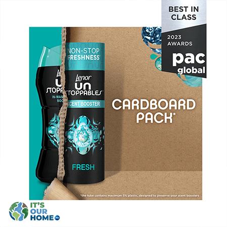 Cardboard pack of Lenor UnStoppables and "best in class 2023 awards pac global" badge.