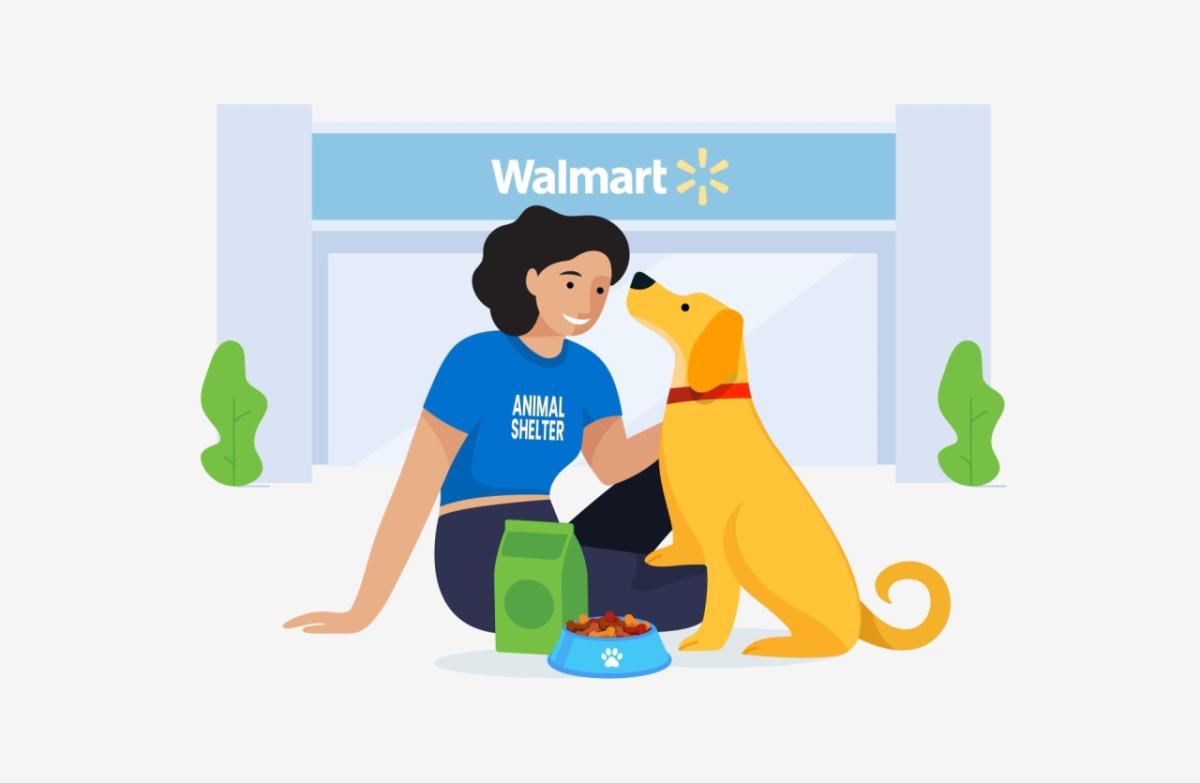 drawing of a woman in a blue shirt which says "animal shelter" petting a yellow dog in front of a walmart store