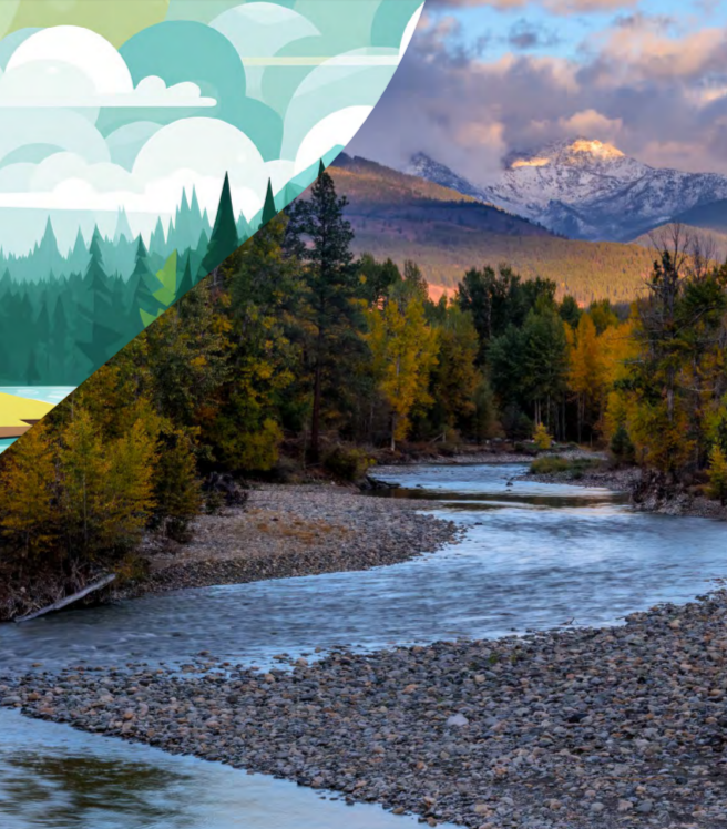 Scenic landscape with shallow river, forested area, and mountains in the distance. The corner is converted to a digital rendering.