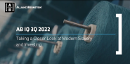 AllianceBernstein logo in top left, Rows of spools of thread as the background. "AB IQ 3Q 2022. Taking a closer look at modern slavery and investing."