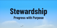 Over a background of a blue sky with two birds in flight: "Stewardship Progress with Purpose."