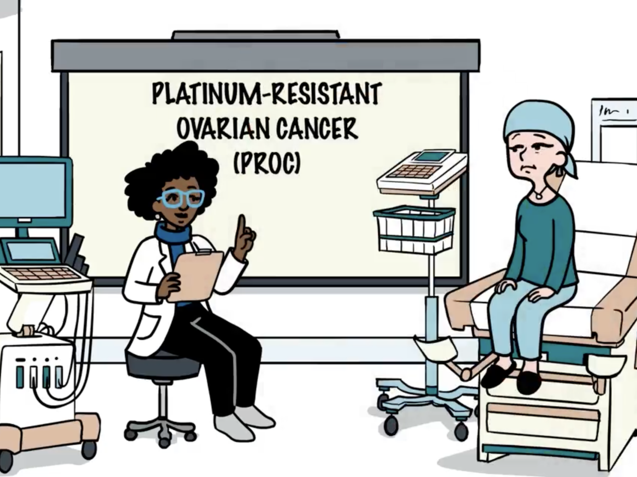 Illustration of a medical professional talking to a patient who is sat on a chair 