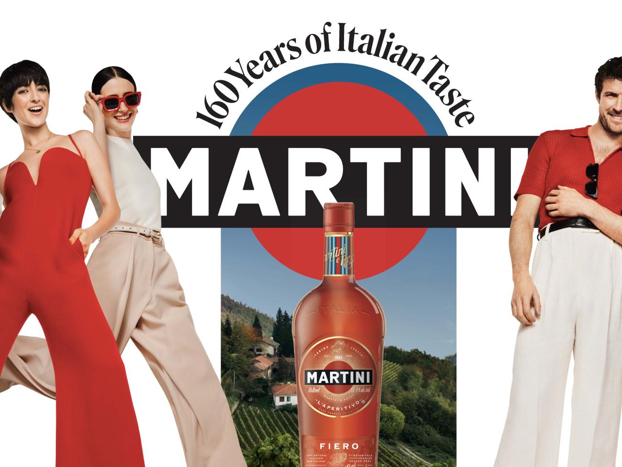 People smiling and laughing surrounding the Martini logo and bottle.