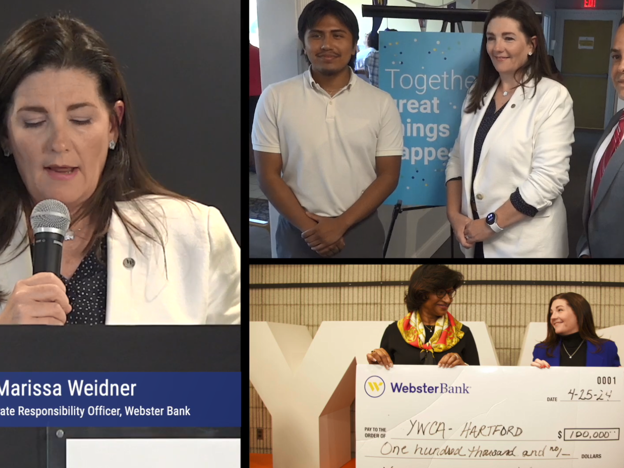 Collage of Marissa Weidner speaking, posed with others, and holding a large check.