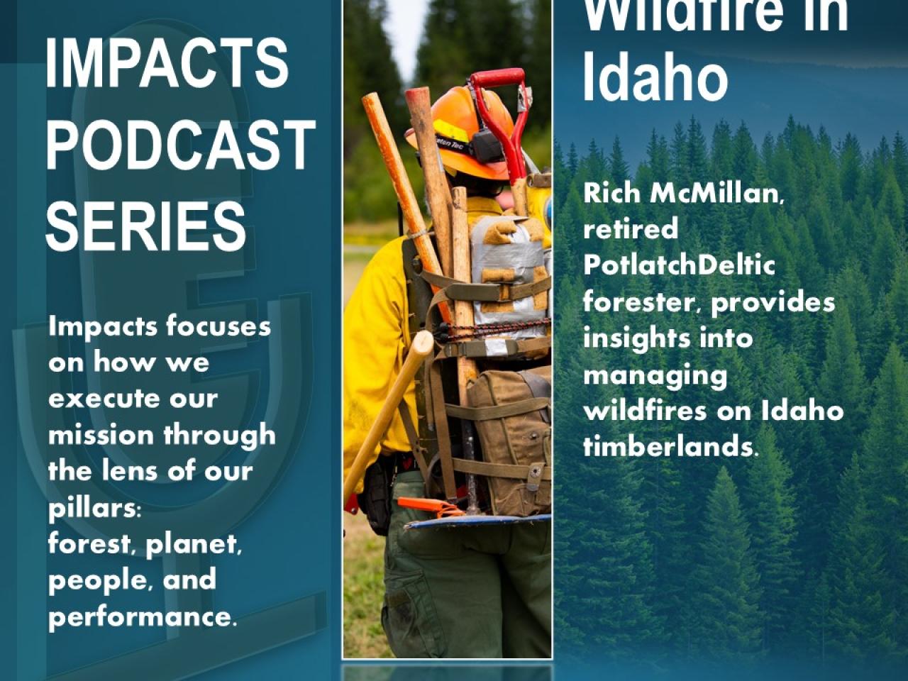 "Impacts Podcast Series. Wildfire in Idaho" A wildfire fighter walking away.