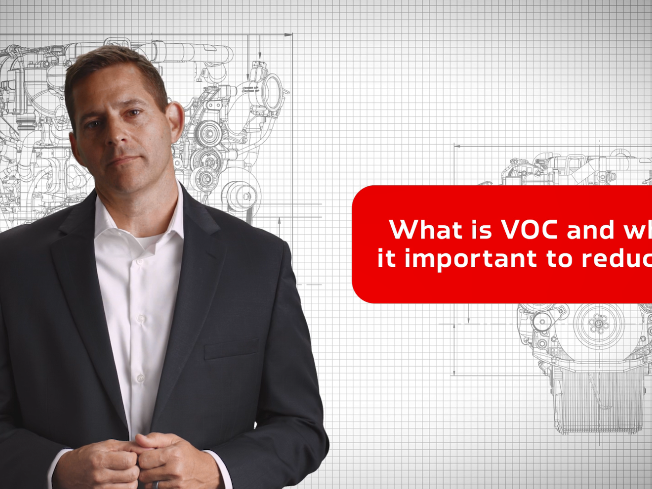 "What is VOC and why is it important to reduce them" On the left a person talking. A blueprint of an engine in the background.