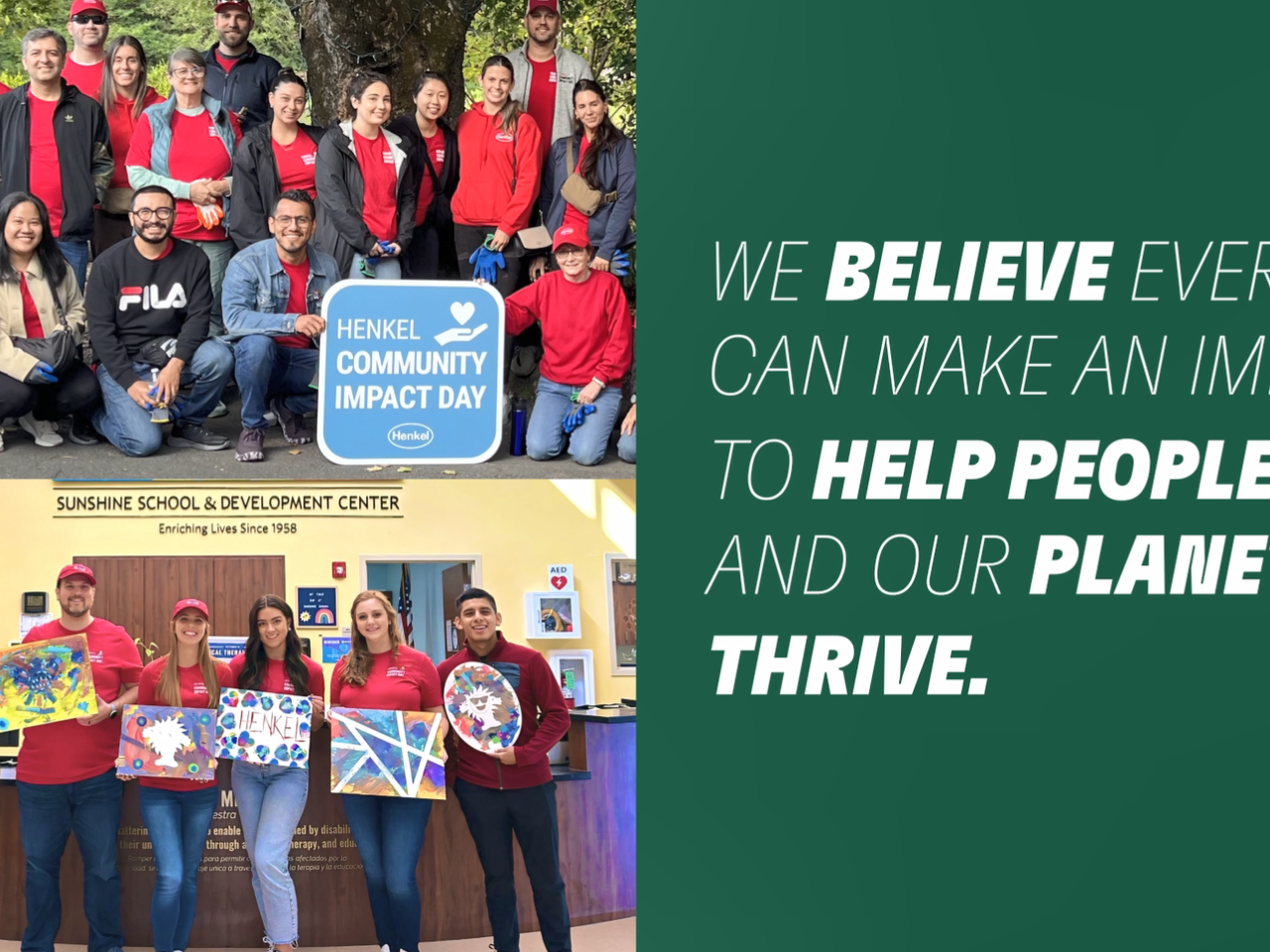 Collage of two groups of volunteers holding art and signs. "We believe everyone can make an impact to help people and our planet thrive."