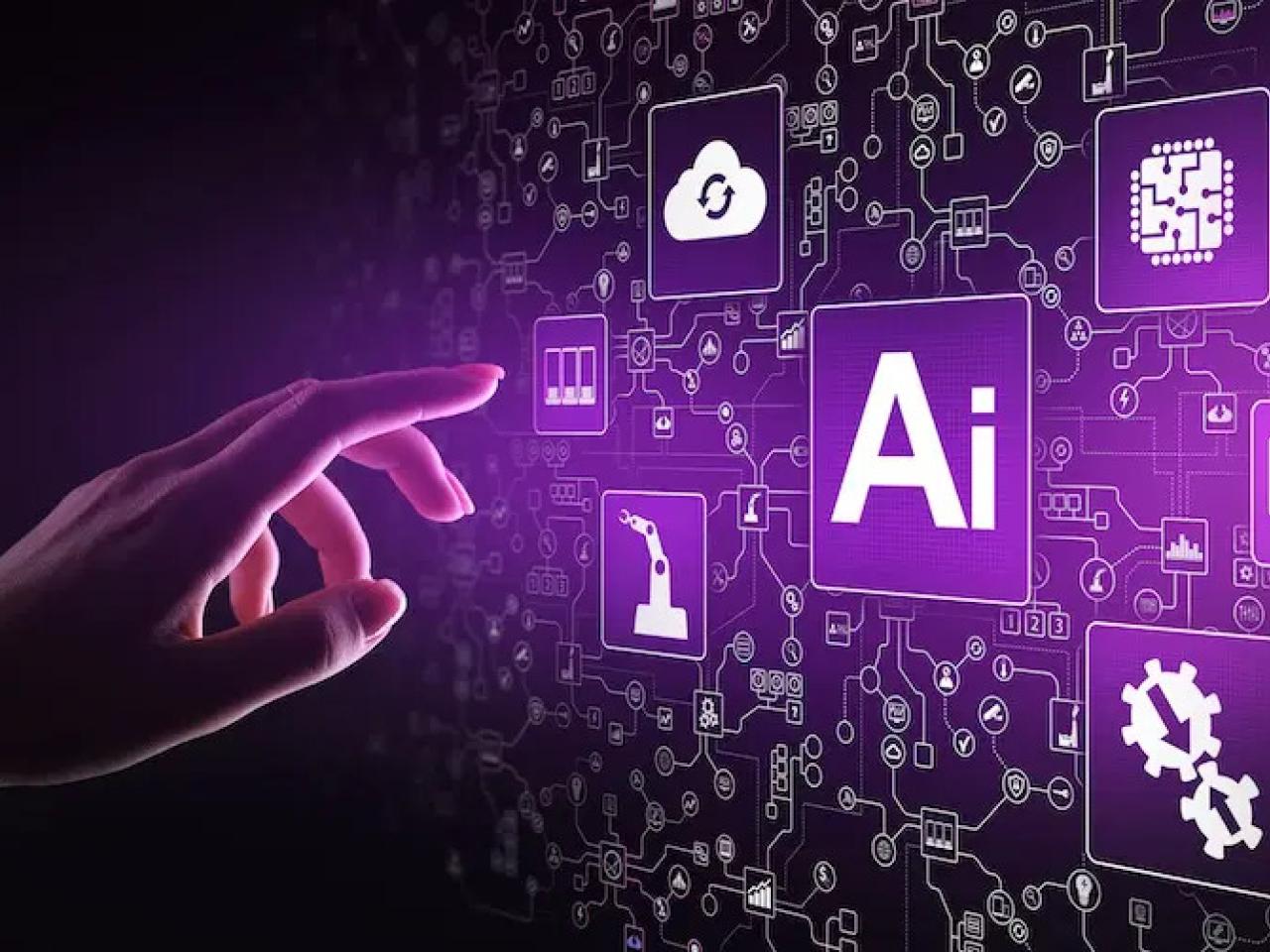 A hand reaching out to a purple digitized Ai button surrounded with other symbols.