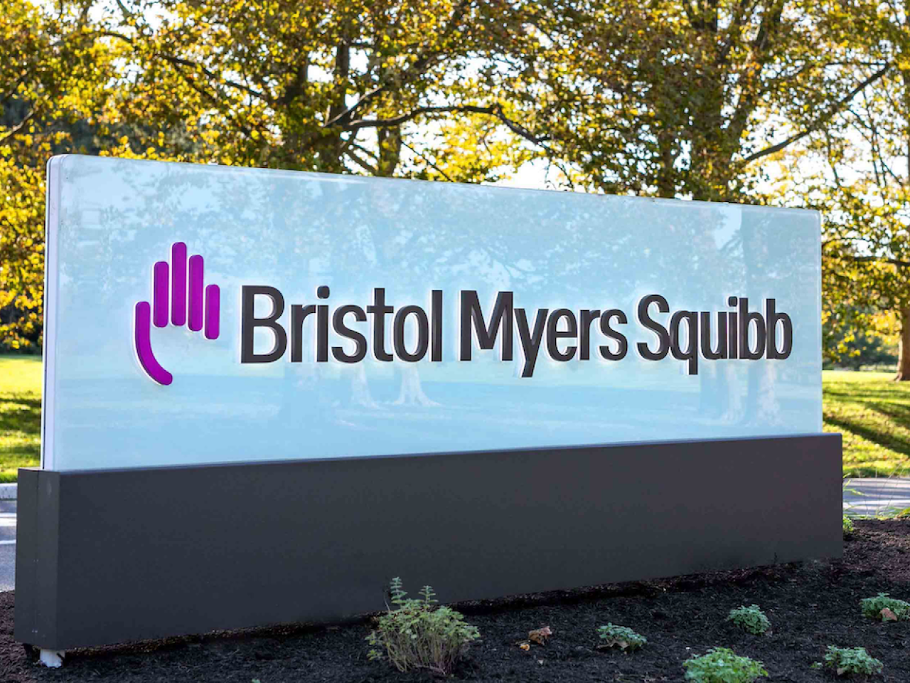 Bristol Myers Squibb corporate logo shown as a sign.