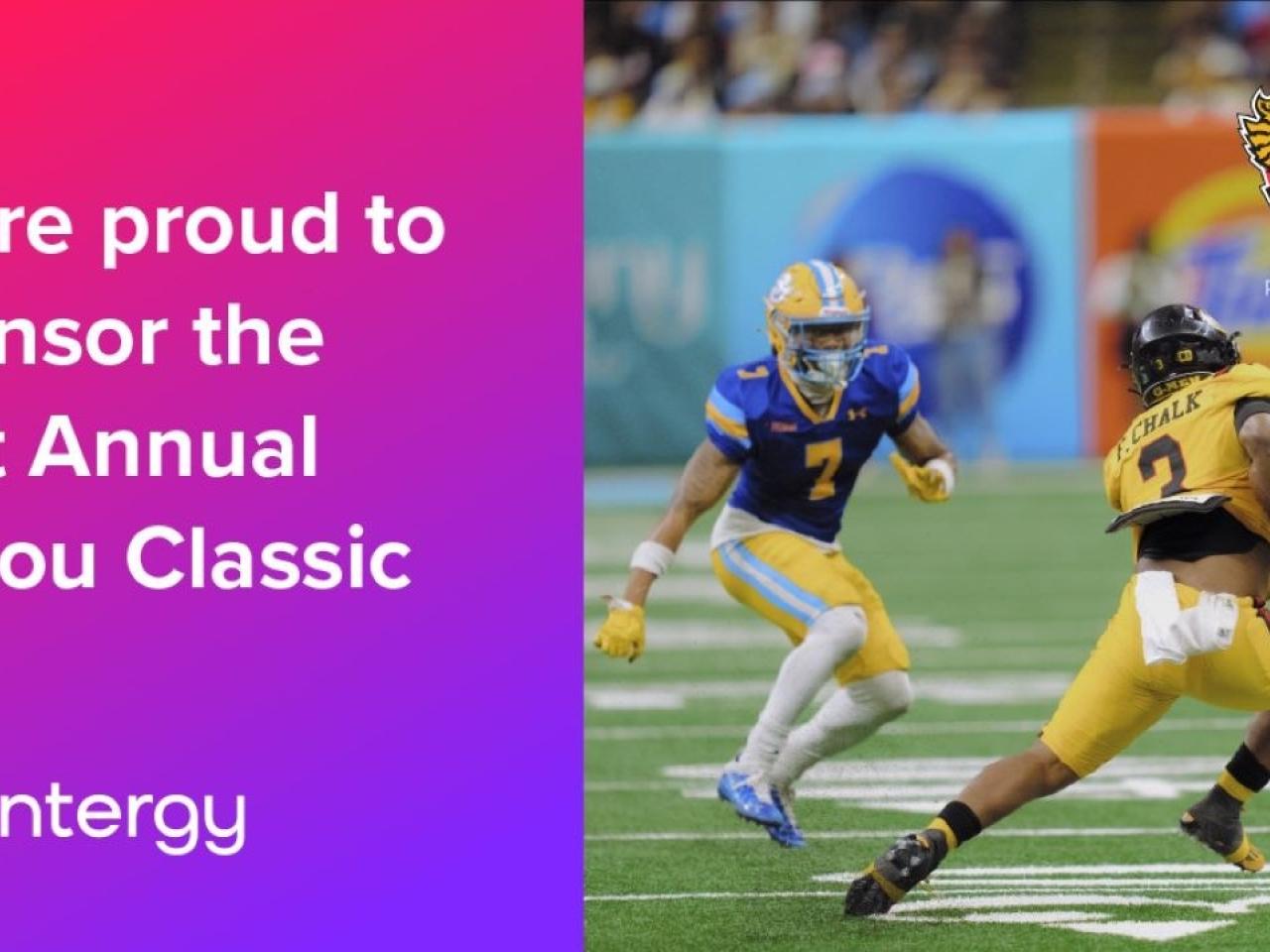 Two football players pictured next to text: "We're proud to sponsor the 51st Annual Bayou Classic" -Entergy 