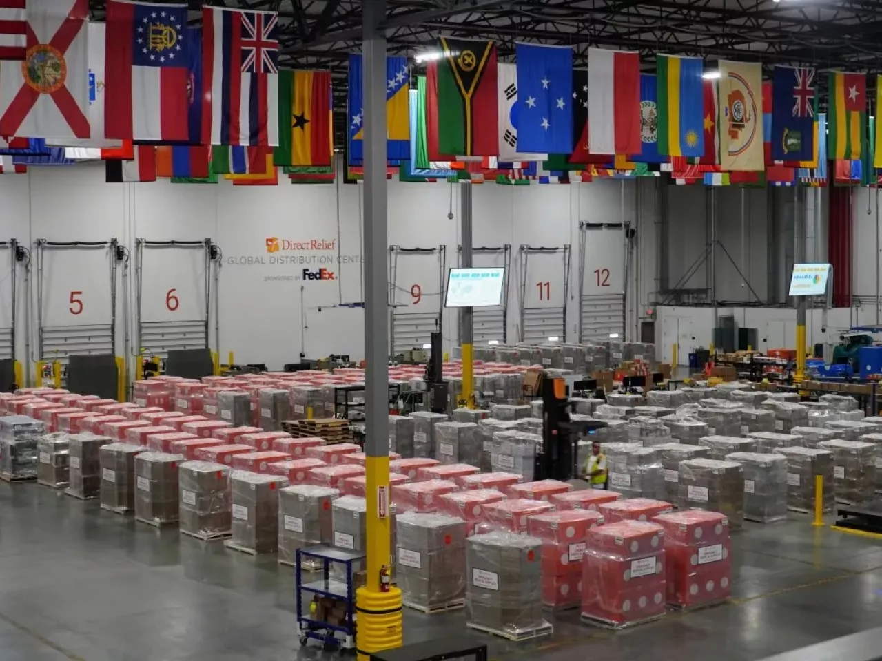 148 pallets of medical aid staged at Direct Relief's 155 thousand square-foot warehouse and distribution center in California