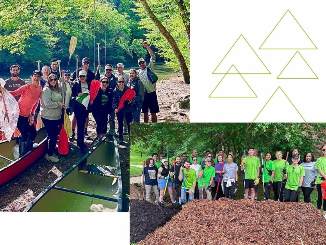 Collage of two photos that are both group pictures of volunteers at Earth Week
