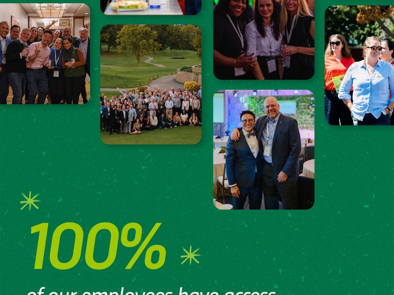 Collage of employee photos. "100% of our employees have access to mental health resources and financial education.