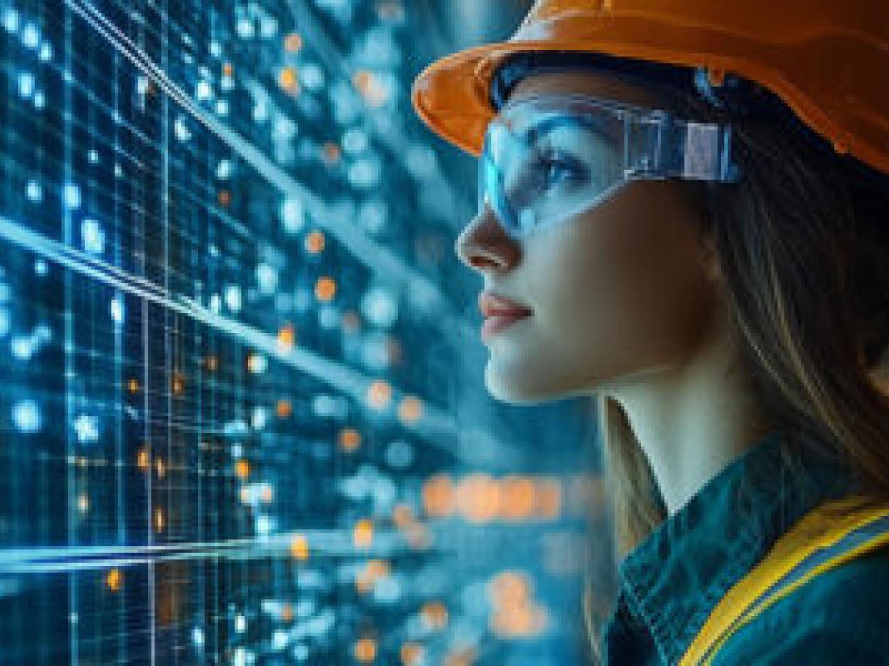 Construction worker looking a giant digital display