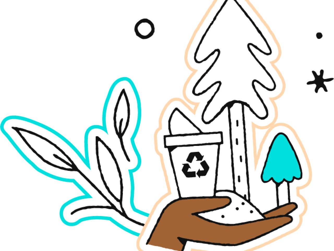 Illustration of a hand holding a tree and a cup with a recycle symbol.