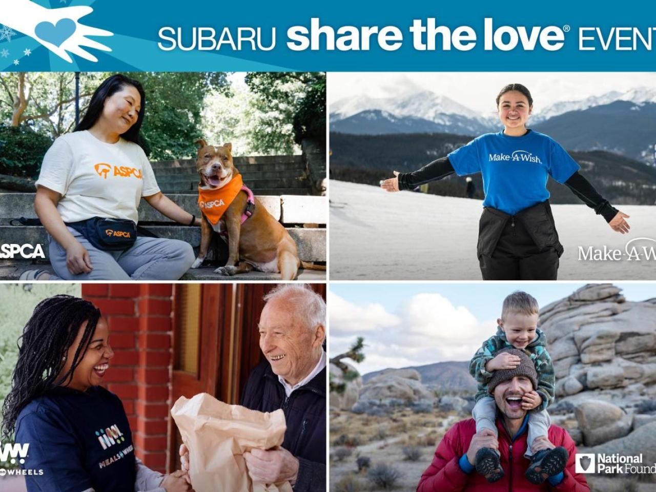 Collage of four photographs from Subaru Subaru Share the Love® Events featuring ASPCA, Make a Wish Foundation, Meals on Wheels, and the National Park Foundation