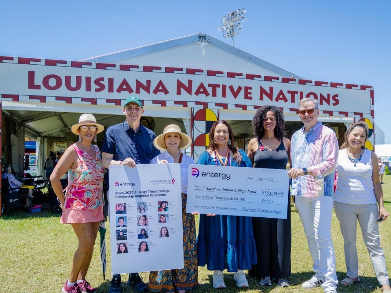 Entergy Louisiana President and CEO Phillip May, alongside Entergy New Orleans President and CEO Deanna Rodriguez, presented a $35,000 grant to the College Fund and the Chief of the United Houma Nation.