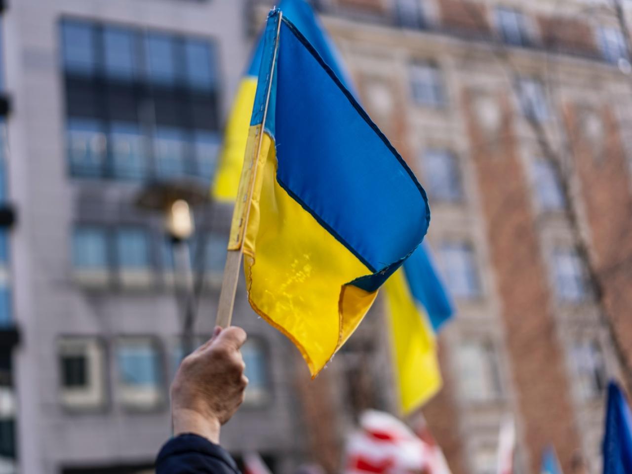 Hand waving a Ukrainian flag at a peace protest.