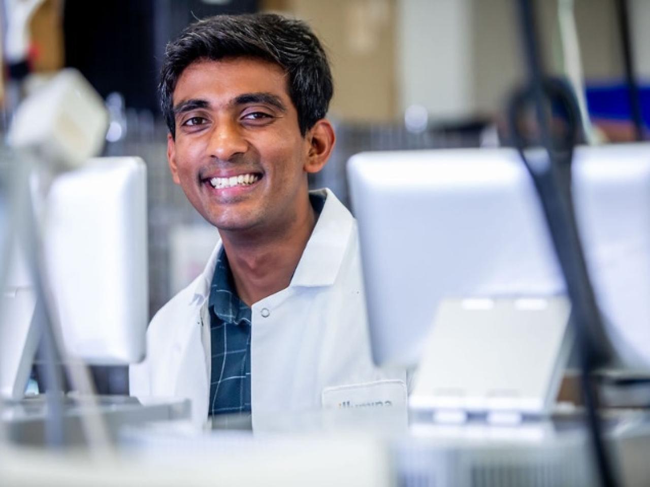 Illumina software project lead Aneesh Natarajan in a lab at the San Diego headquarters. | Photo: Kristy Walker