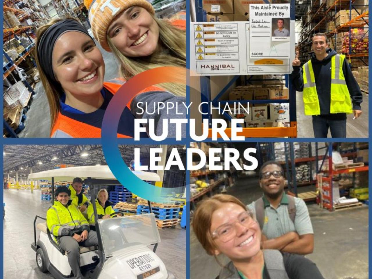 Collage of four images of employees in differents wareshouse setting, some taking selfies with others. "Supply Chain Future Leaders."