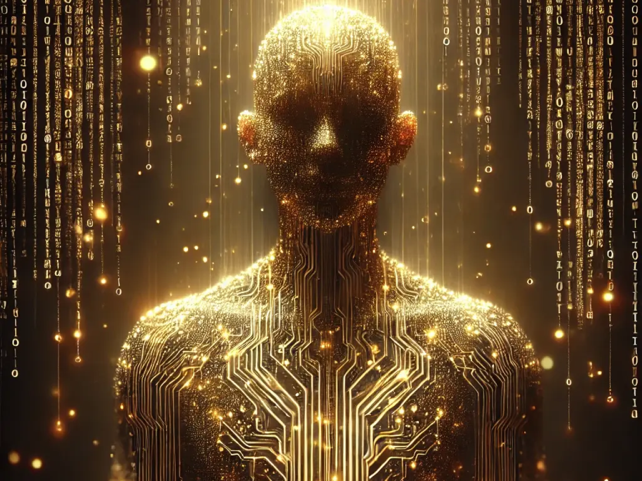 A human form overlaid with an image of golden circuitry and binary numbers