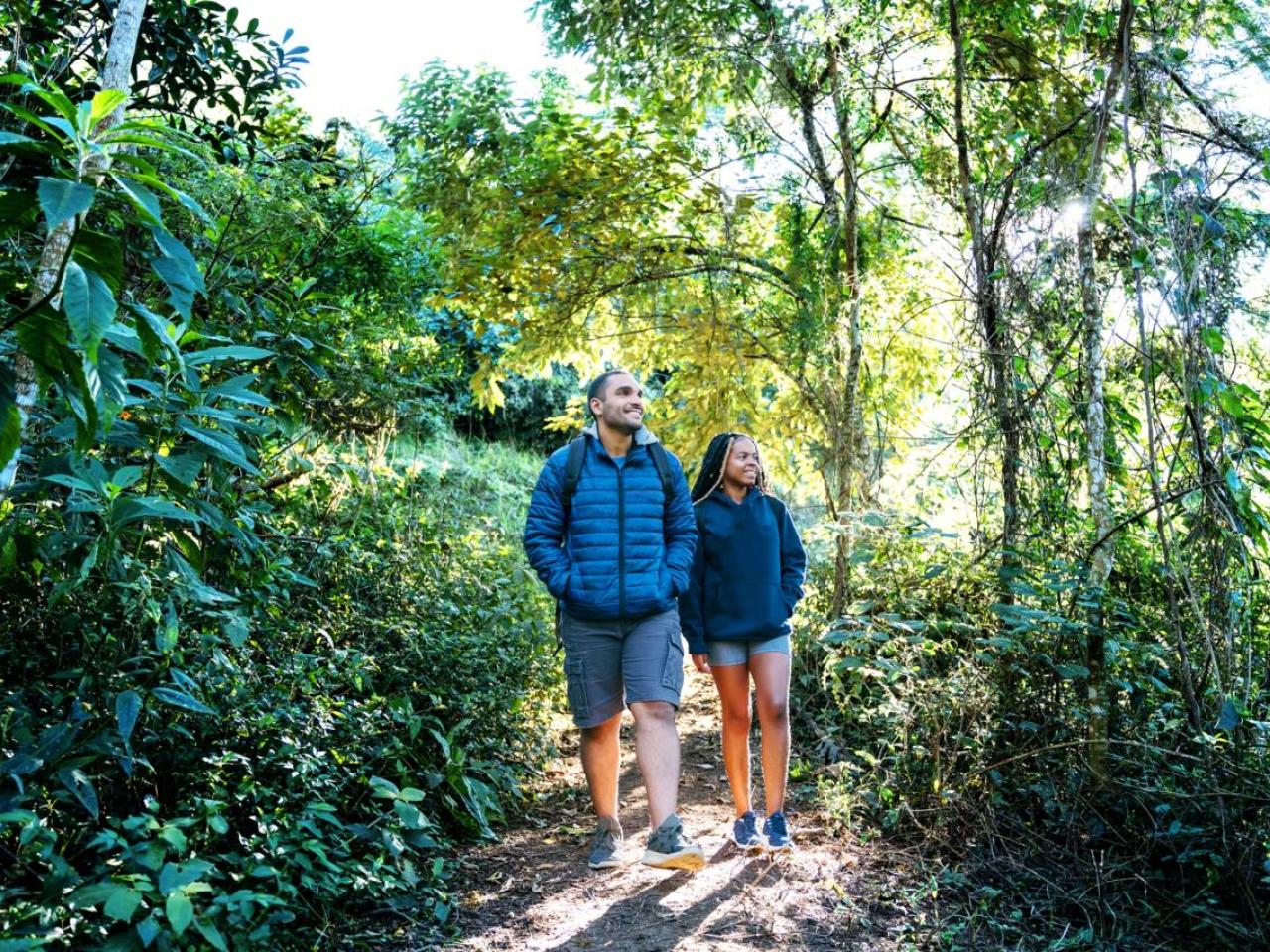 Two people walking in a lush forested area.