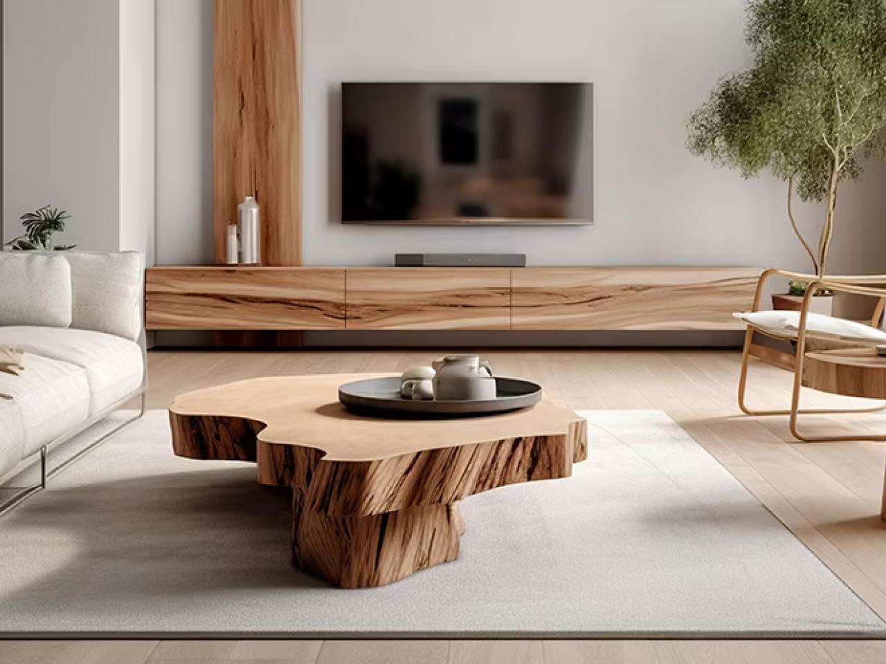 A living room retting with wooden tables, a couch and chair, wooden entertainment center and accents.