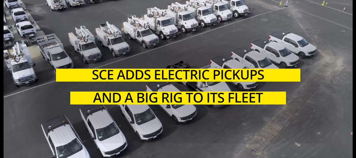 Aerial view of two rows of identical fleet trucks and service vehicles.