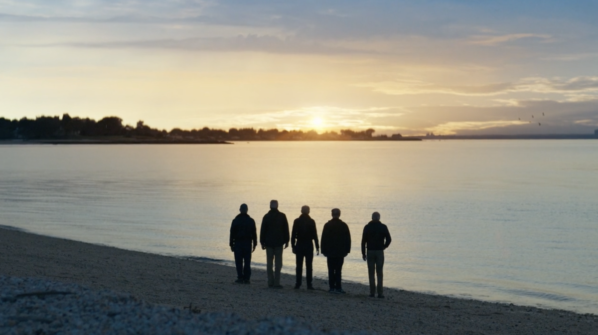 5 people on a beach at sunset