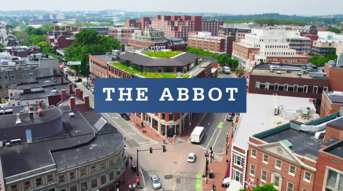 "The Abbot" over an aerial view of the building and surrounding area.