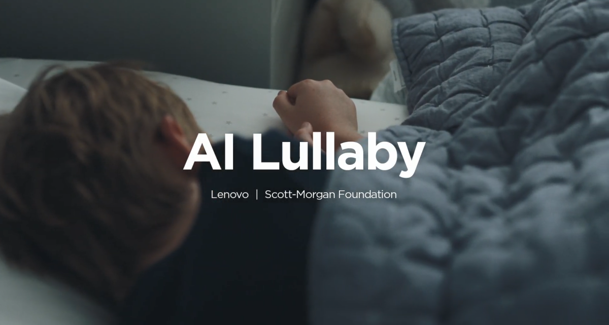 "AI Lullaby" over a child sleeping in a bed.