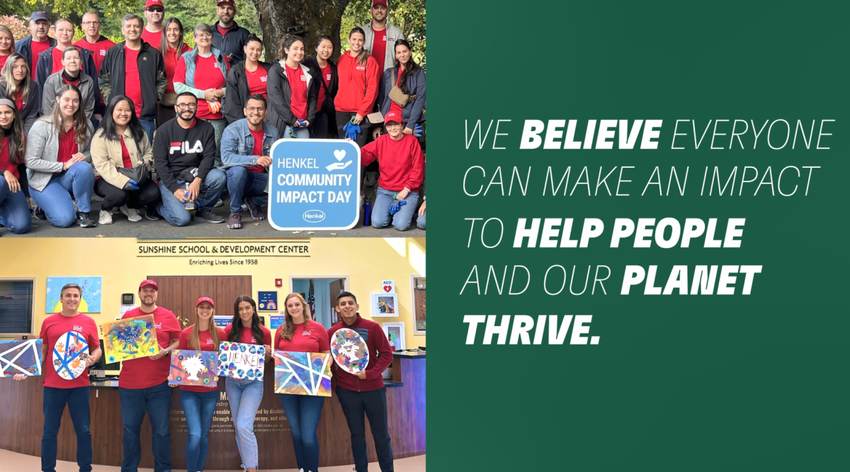 Collage of two groups of volunteers holding art and signs. "We believe everyone can make an impact to help people and our planet thrive."