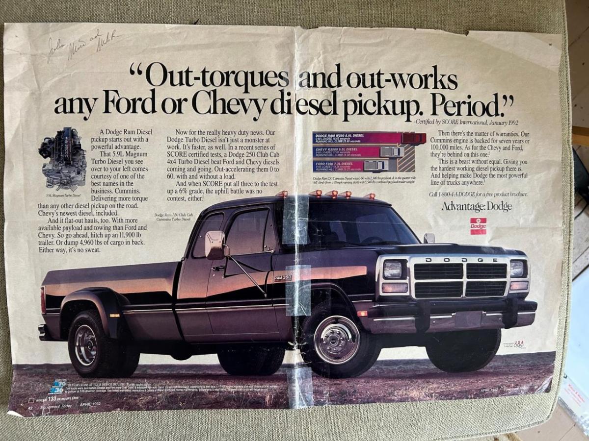 Pages from an old magazine with the headline "Out-torques and out-works any Ford or Chevy diesel pickup. Period."