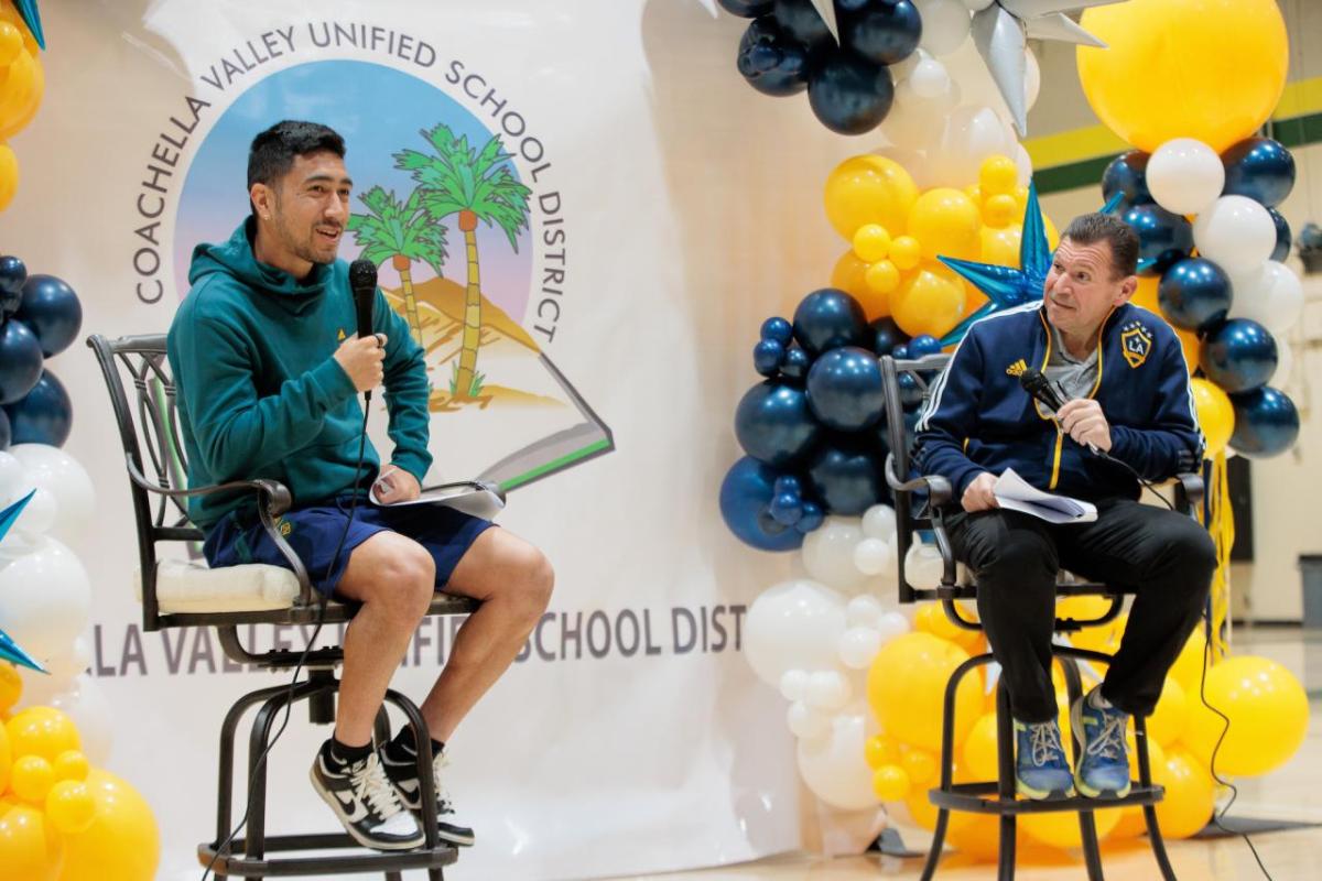 LA Galaxy broadcaster Joe Tutino interviews LA Galaxy midfielder Jose “Memo” Rodriguez.