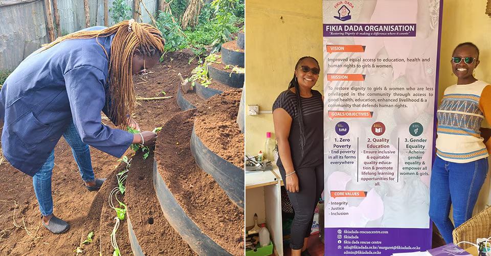 Two separate photo's, photo on the left is a person gardening, photo on the right is two people stood either side of a banner