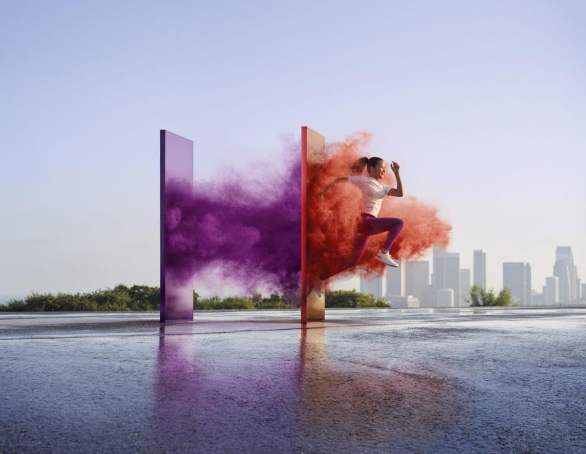 Graphic of person jumping through colored panels over water