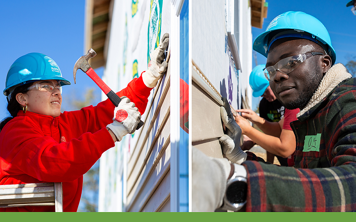 A collage of two people in blue hard hats working on homes