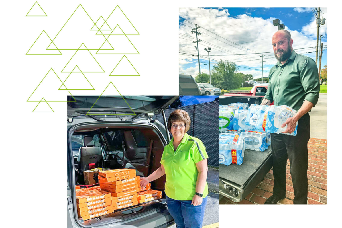 Collage: People placing supplies in car trunks