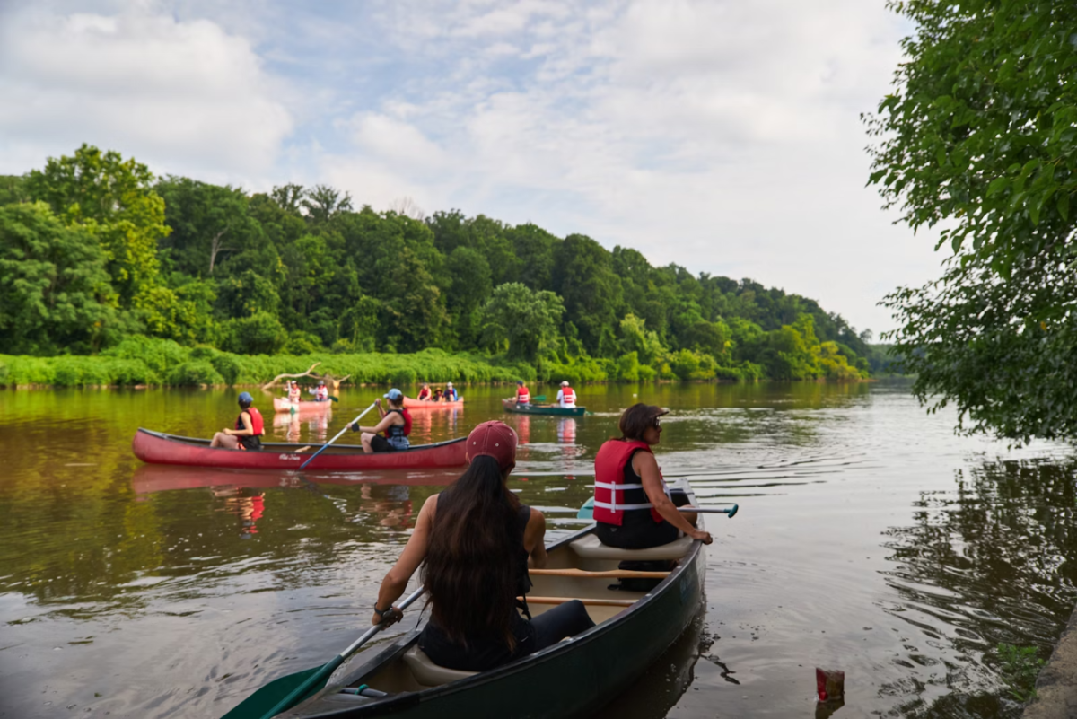 People kayaking down a river