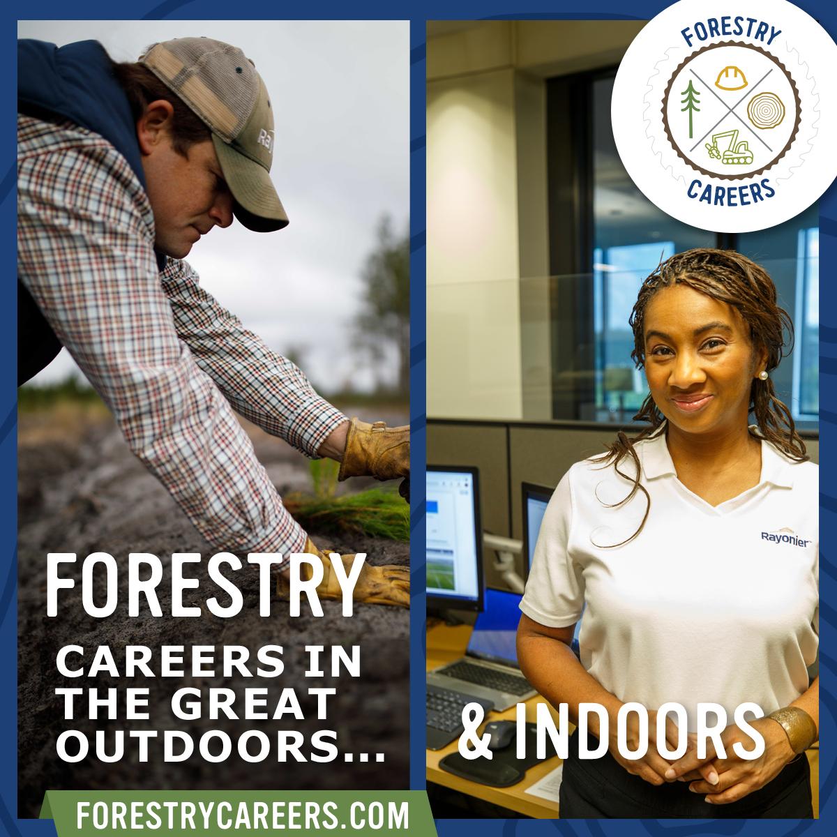 A collage of people, with text: FORESTRY, careers in the great outdoors...& indoors. ForestryCareers.com