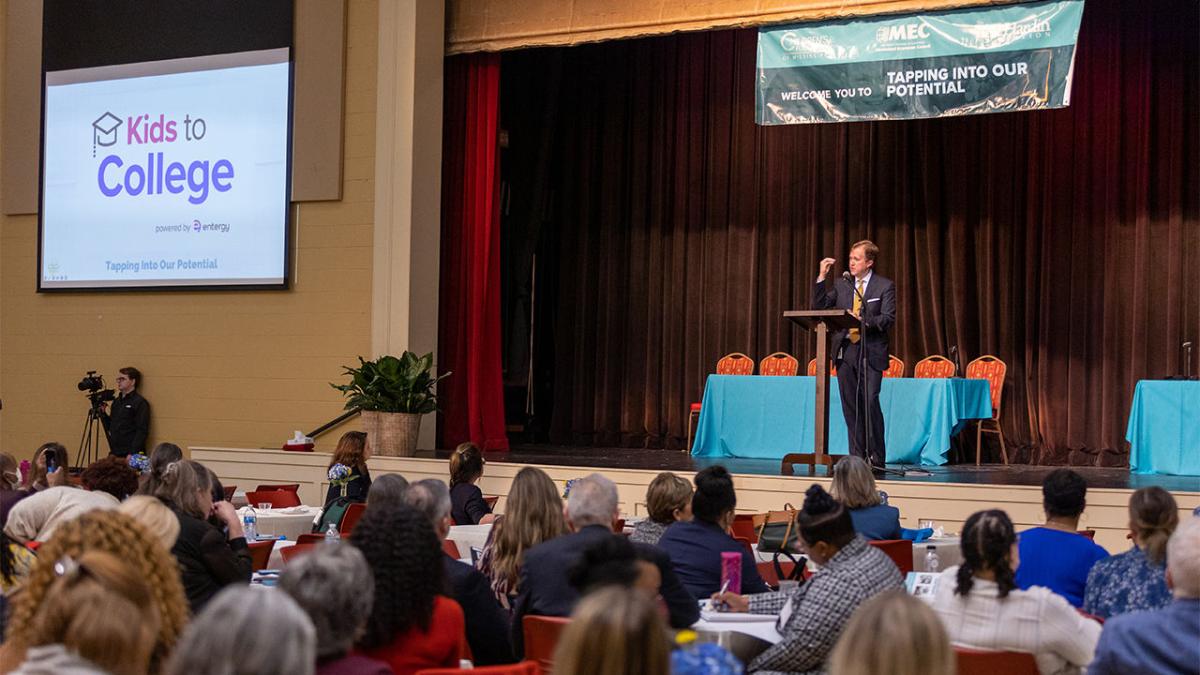 Haley Fisackerly announces Entergy Mississippi's Kids to College child savings account program at the Children's Foundation of Mississippi Summit.