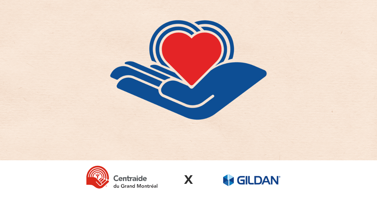 A blue hand holding a read heart, against a beige background, featuring the Centraide and Gildan logos at the bottom