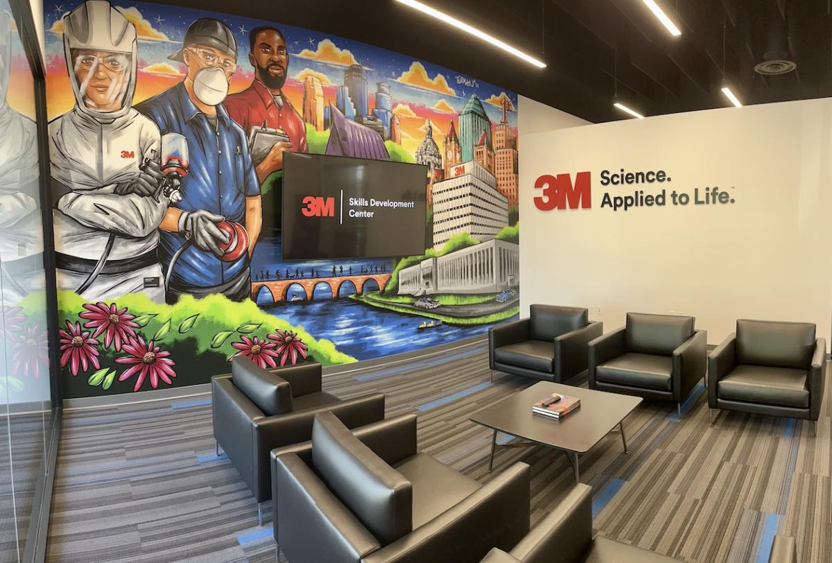 Lobby with mural shown at the 3M Skills Development Center.